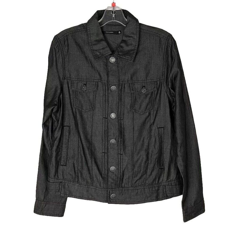 Tahari Jacket Womens Size M Gray Lightweight Denim Snap Front‎ Pockets Bleisure